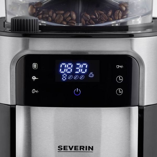 Produktbild: Severin Filterkaffeemaschine mit Mahlwerk und Edelstahl-Thermokanne, Kaffeemaschine Schwarz, Edelstahl (geb&uuml;rstet) Fassungsverm&ouml;gen Tassen=8 Displa
