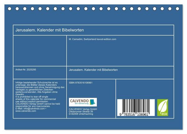 Produktbild: Jerusalem. Kalender mit Bibelworten (Tischkalender 2026 DIN A5 quer), CALVENDO Monatskalender