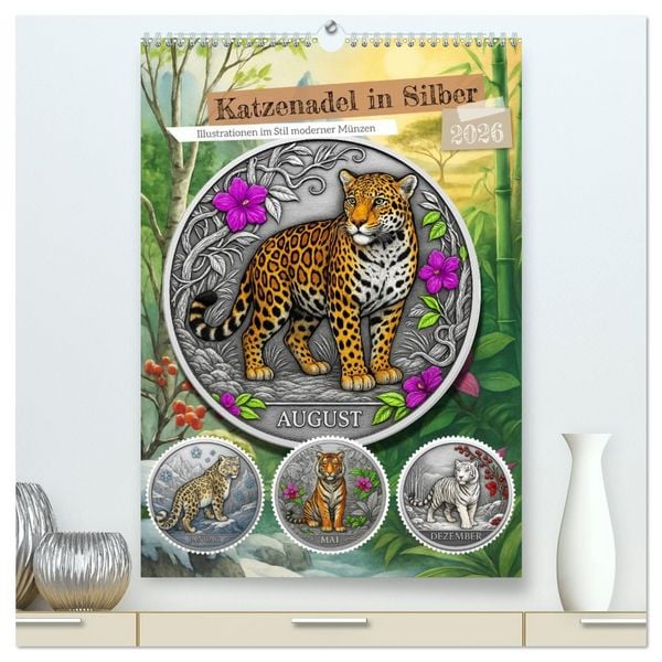 Produktbild: Katzenadel in Silber (hochwertiger Premium Wandkalender 2026 DIN A2 hoch), Kunstdruck in Hochglanz