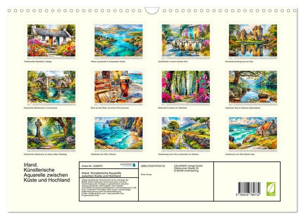 Produktbild: Irland. K&uuml;nstlerische Aquarelle zwischen K&uuml;ste und Hochland (Wandkalender 2027 DIN A3 quer), CALVENDO Monatskalender