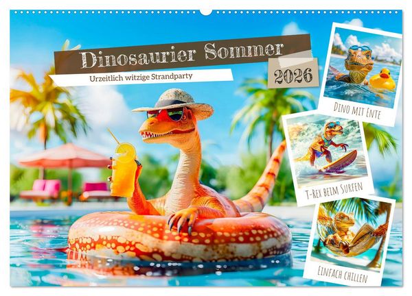 Dinosaurier Sommer - Urzeitlich witzige Strandparty (Wandkalender 2026 DIN A2 quer), CALVENDO Monatskalender