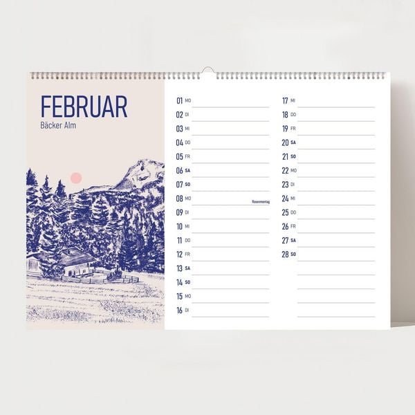 Produktbild: Alm Kalender 2027 &ndash; Chiemgauer Alpen | Handgezeichneter Wandkalender mit 12 Almen | Illustrativer Monatskalender, A4 quer