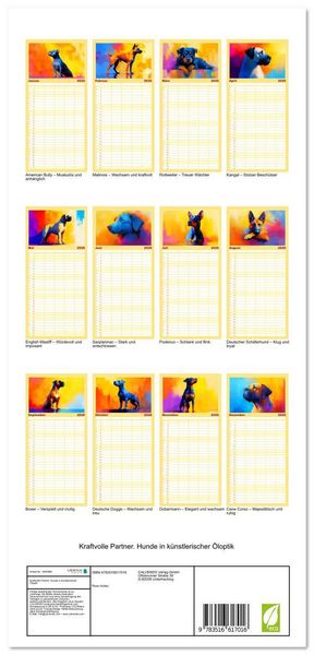 Produktbild: Familienplaner 2026 - Kraftvolle Partner. Hunde in k&uuml;nstlerischer &Ouml;loptik mit 5 Spalten (Wandkalender, 21 x 45 cm) CALVENDO