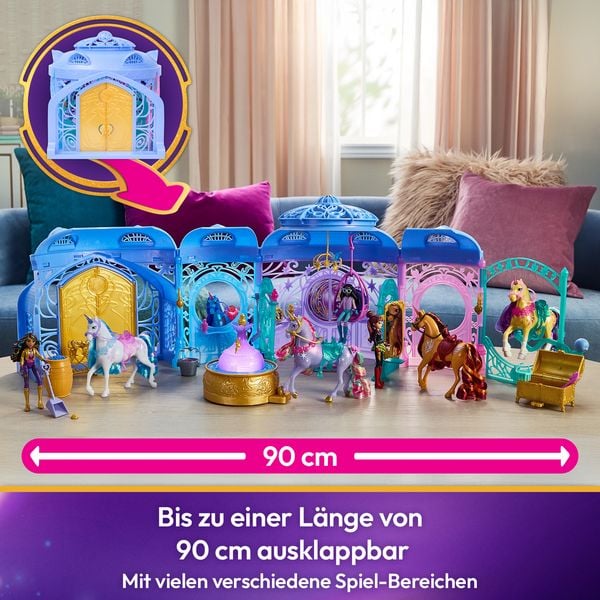 Produktbild: Unicorn Academy - Stall Spielset 90 cm inkl. Brunnen mit Licht- und Soundeffekten, 12 cm Einhorn & 24 Accessoires, Set zur Netflix Serie