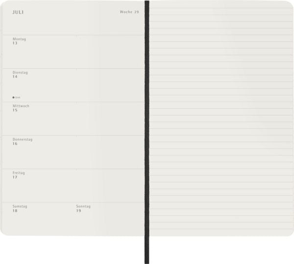 Moleskine 12 Monate Wochen Notizkalender Deutsch 2026, Large/A5, 1 Wo = 1 Seite, rechts linierte Seite, Weicher Einband, Schwarz