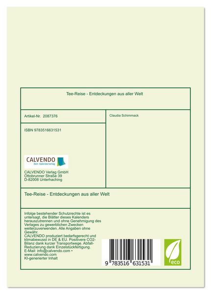 Produktbild: Tee-Reise - Entdeckungen aus aller Welt (Tischkalender 2026 DIN A5 hoch), CALVENDO Monatskalender