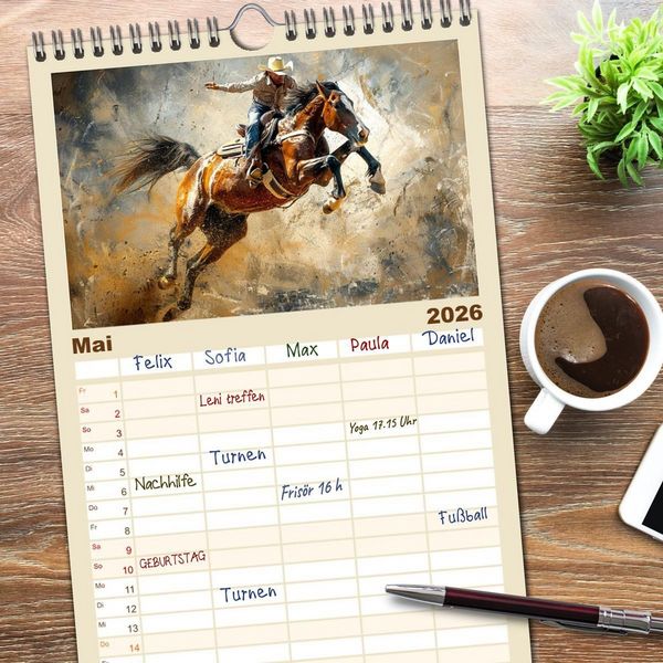 Produktbild: Familienplaner 2026 - Pferde, Staub und Freiheit mit 5 Spalten (Wandkalender, 21 x 45 cm) CALVENDO
