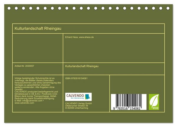 Produktbild: Kulturlandschaft Rheingau (Tischkalender 2026 DIN A5 quer), CALVENDO Monatskalender