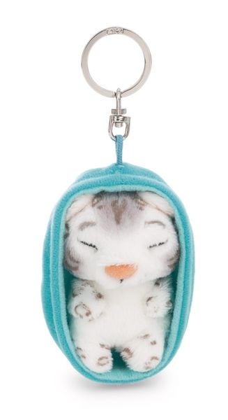 NICI - Schlüsselanhänger Sleeping Pets Schneeleopard 8cm Körbchen blau an Header Karte