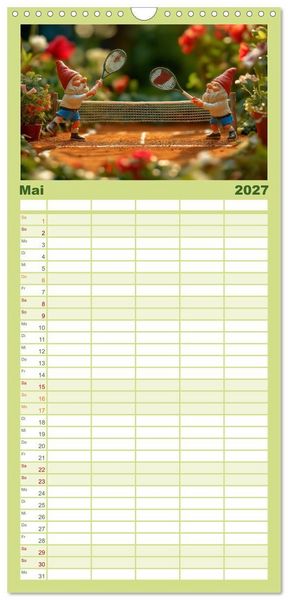 Produktbild: Familienplaner 2027 - Sportliche Gartenzwerge mit 5 Spalten (Wandkalender, 21 x 45 cm) CALVENDO