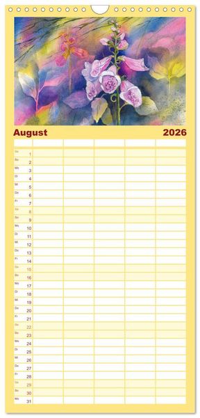 Produktbild: Familienplaner 2026 - Blumenaquarelle aus der N&auml;he mit 5 Spalten (Wandkalender, 21 x 45 cm) CALVENDO