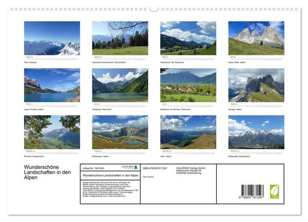 Produktbild: Wundersch&ouml;ne Landschaften in den Alpen (hochwertiger Premium Wandkalender 2026 DIN A2 quer), Kunstdruck in Hochglanz