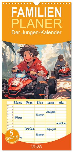 Familienplaner 2026 - Der Jungen-Kalender mit 5 Spalten (Wandkalender, 21 x 45 cm) CALVENDO