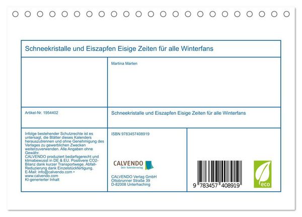 Produktbild: Schneekristalle und Eiszapfen Eisige Zeiten f&uuml;r alle Winterfans (Tischkalender 2026 DIN A5 quer), CALVENDO Monatskalender