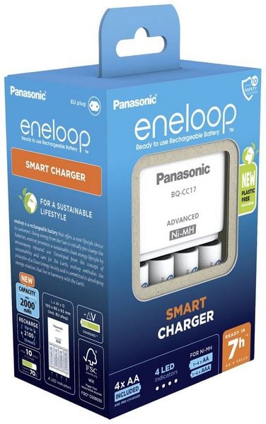 Produktbild: Panasonic Advanced BQ-CC17 + 4x eneloop AA Rundzellen-Ladeger&auml;t NiMH Micro (AAA), Mignon (AA)