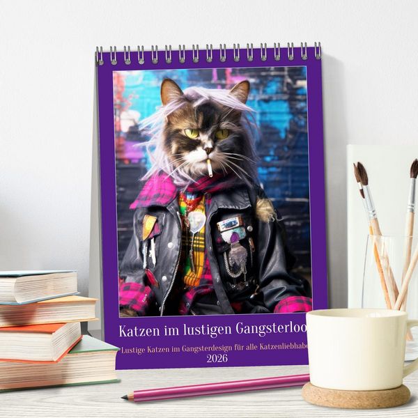 Produktbild: Katzen im lustigen Gangsterlook (Tischkalender 2026 DIN A5 hoch), CALVENDO Monatskalender
