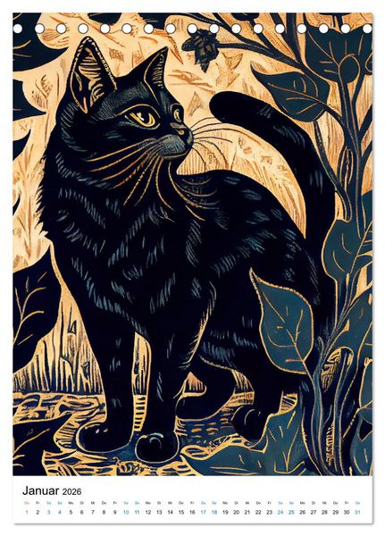 Produktbild: Katzen Linolschnitt - Der Kalender mit kunstvollen Portr&auml;ts der Samtpfoten (Tischkalender 2026 DIN A5 hoch), CALVENDO Monatskalender