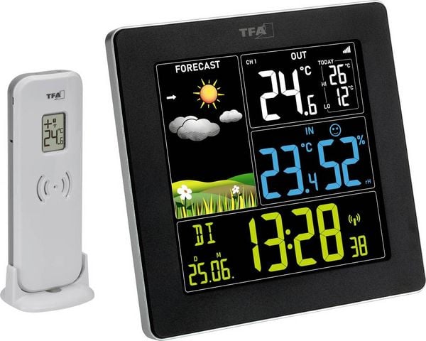 Produktbild: TFA Dostmann Funk-Wetterstation mit Farbdisplay SUN 2 35.1174.01 Funk-Wetterstation Vorhersage f&uuml;r 12 bis 24 Stunden Anzahl Sensoren max. 3 St.