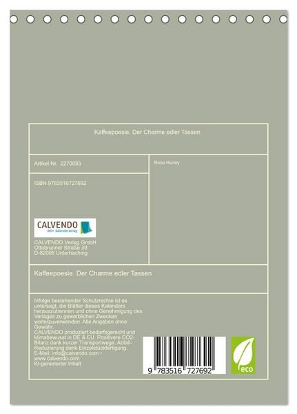 Produktbild: Kaffeepoesie. Der Charme edler Tassen (Tischkalender 2026 DIN A5 hoch), CALVENDO Monatskalender