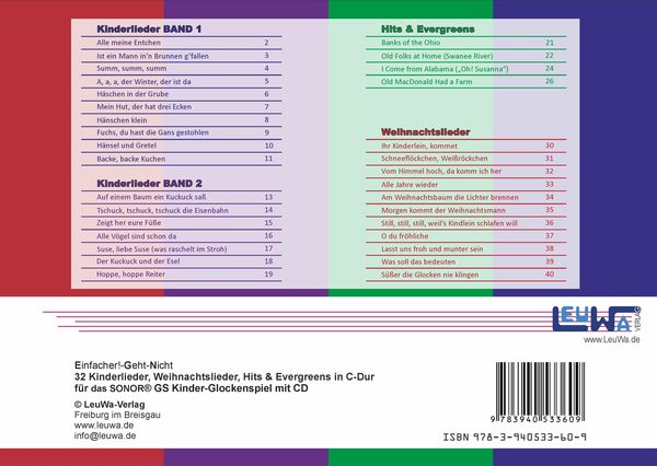 Produktbild: Einfacher!-Geht-Nicht: 32 Kinderlieder, Weihnachtslieder, Hits & Evergreens in C-DUR &ndash; f&uuml;r das SONOR&reg; GS Kinder Glockenspiel mit CD