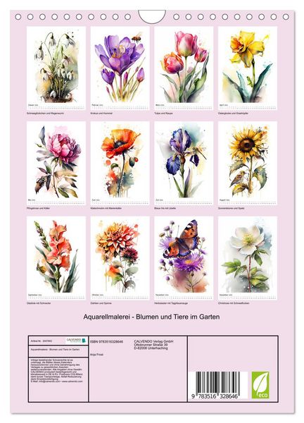 Produktbild: Aquarellmalerei - Blumen und Tiere im Garten (Wandkalender 2026 DIN A4 hoch), CALVENDO Monatskalender