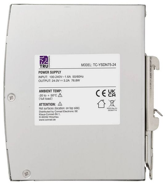 Produktbild: TRU COMPONENTS TC-13807980 Hutschienen-Netzteil (DIN-Rail) 24 V/DC 3.2 A 76.8 W Anzahl Ausg&auml;nge:1 x Inhalt 1 St.