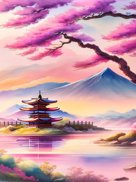 Produktbild: CALVENDO Puzzle Japanische Landschaft, im Vordergrund bl&uuml;hende Mandelb&auml;ume. Erstellt mit KI | 1000 Teile Lege-Gr&ouml;&szlig;e 64x48cm Foto-Puzzle f&uuml;r gl&uuml;ckliche