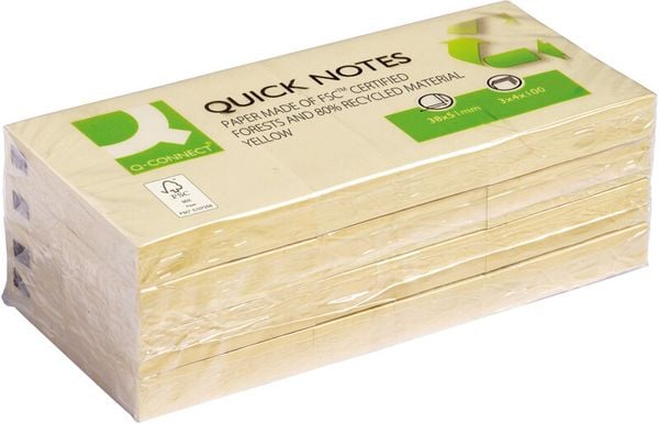 Produktbild: Q-CONNECT&reg; Haftnotizen Quick Notes Recycling gelb, 51 x 38 mm 3 St&uuml;ck