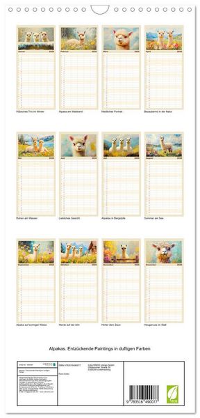 Produktbild: Familienplaner 2026 - Alpakas. Entz&uuml;ckende Paintings in duftigen Farben mit 5 Spalten (Wandkalender, 21 x 45 cm) CALVENDO