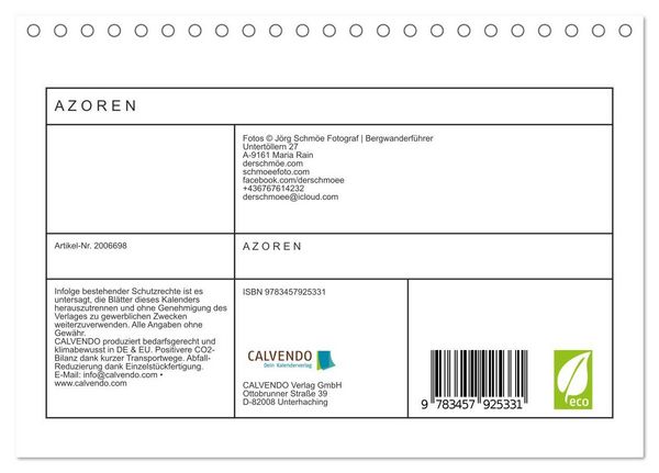 Produktbild: A Z O R E N (Tischkalender 2026 DIN A5 quer), CALVENDO Monatskalender