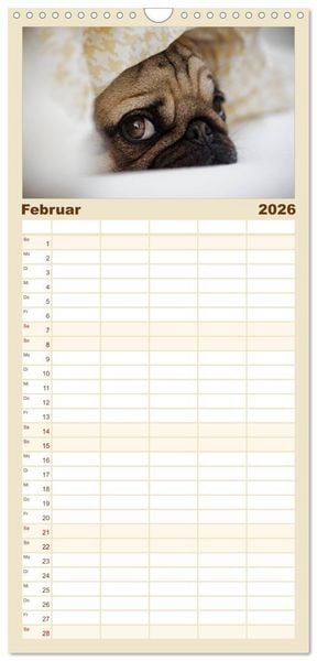Produktbild: Familienplaner 2026 - Mops mit 5 Spalten (Wandkalender, 21 x 45 cm) CALVENDO