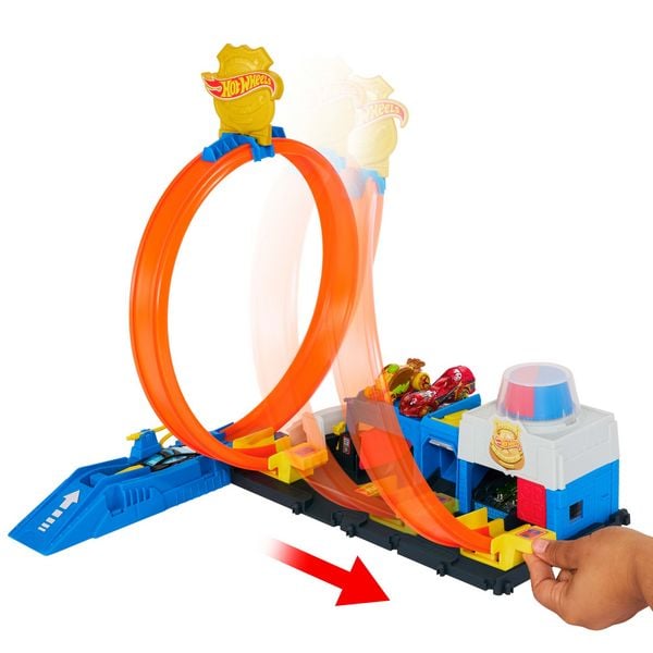 Produktbild: Hot Wheels City Super Polizeiwache-Spielset mit Spielzeug-Polizeiwagen im Maßstab 1:64 und anpassbarer Rennbahn mit Looping.