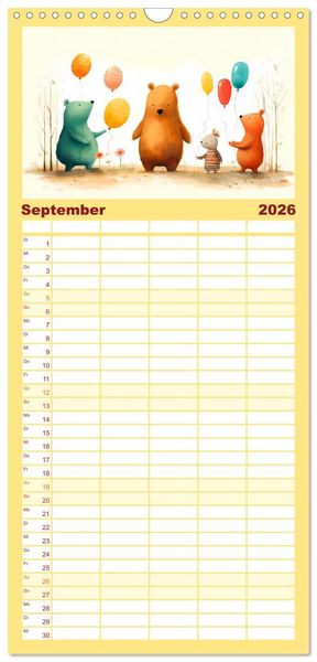 Produktbild: Familienplaner 2026 - B&auml;rige Illustrationen mit 5 Spalten (Wandkalender, 21 x 45 cm) CALVENDO