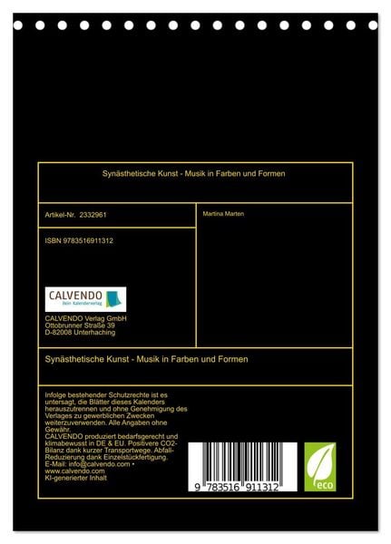 Produktbild: Syn&auml;sthetische Kunst - Musik in Farben und Formen (Tischkalender 2027 DIN A5 hoch), CALVENDO Monatskalender