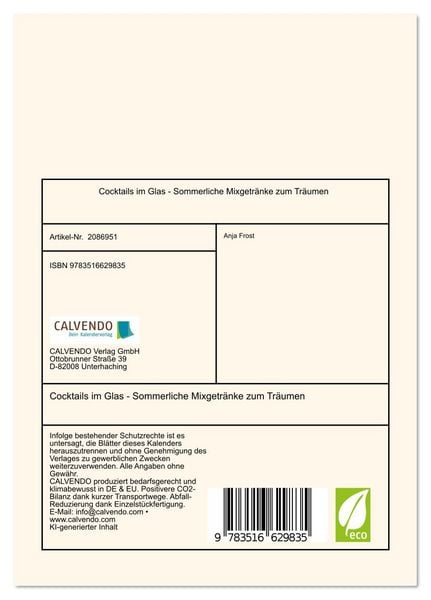 Produktbild: Cocktails im Glas - Sommerliche Mixgetr&auml;nke zum Tr&auml;umen (Tischkalender 2026 DIN A5 hoch), CALVENDO Monatskalender