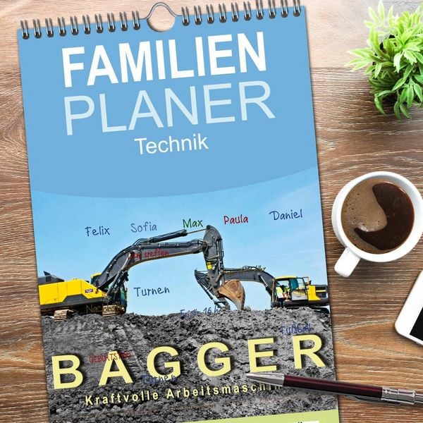 Produktbild: Familienplaner 2026 - Bagger - kraftvolle Arbeitsmaschinen mit 5 Spalten (Wandkalender, 21 x 45 cm) CALVENDO