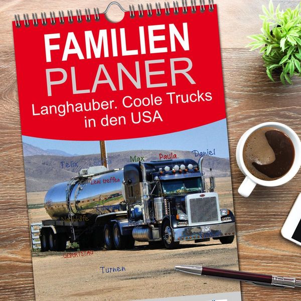 Produktbild: Familienplaner 2026 - Langhauber. Coole Trucks in den USA mit 5 Spalten (Wandkalender, 21 x 45 cm) CALVENDO
