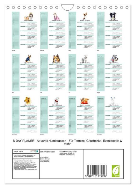 Produktbild: B-DAY PLANER - Aquarell Hunderassen - F&uuml;r Termine, Geschenke, Eventdetails & mehr (Wandkalender 2026 DIN A4 hoch), CALVENDO Monatskalender