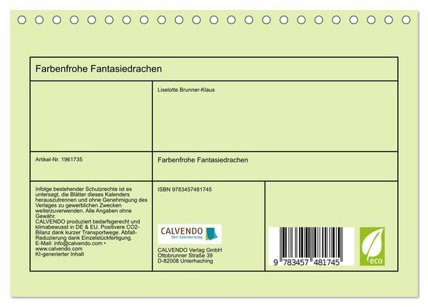 Produktbild: Farbenfrohe Fantasiedrachen (Tischkalender 2026 DIN A5 quer), CALVENDO Monatskalender