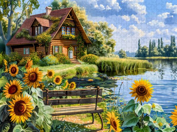 Produktbild: CALVENDO Puzzle Cottage Haus am Wasser mit Sonnenblumenfeld davor | 2000 Teile Lege-Gr&ouml;&szlig;e 90x67cm Foto-Puzzle f&uuml;r gl&uuml;ckliche Stunden