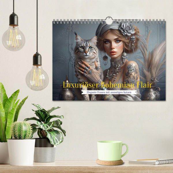 Produktbild: Luxuri&ouml;ser Bohemian Flair - Elegante Frauen mit anmutigen Katzen (Wandkalender 2026 DIN A4 quer), CALVENDO Monatskalender