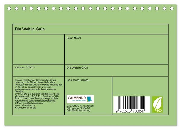 Produktbild: Die Welt in Gr&uuml;n (Tischkalender 2026 DIN A5 quer), CALVENDO Monatskalender
