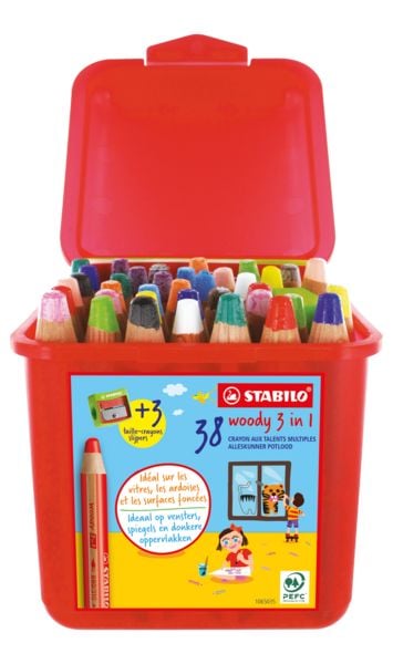 Produktbild: Buntstift, Wasserfarbe & Wachsmalkreide - STABILO woody 3 in 1 - 38er Pack mit Spitzer und Pinsel - mit 38 verschiedenen Farben