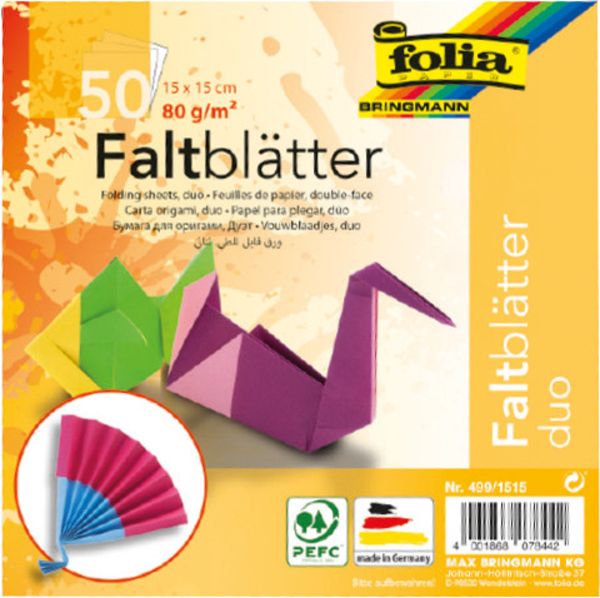 Folia Faltblätter DUO 80g/m², 15x15cm, 50 Blatt, 10-farbig sortiert
