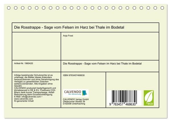 Produktbild: Die Rosstrappe - Sage vom Felsen im Harz bei Thale im Bodetal (Tischkalender 2026 DIN A5 quer), CALVENDO Monatskalender