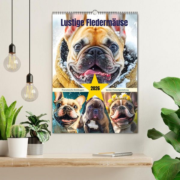 Produktbild: Lustige Flederm&auml;use. Franz&ouml;sische Bulldoggen bei der Freizeitgestaltung (Wandkalender 2026 DIN A2 hoch), CALVENDO Monatskalender