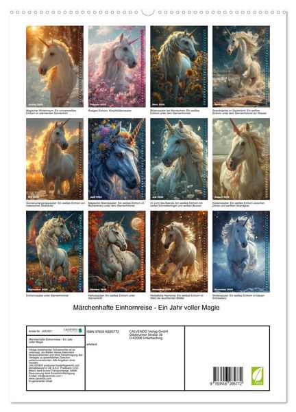 Produktbild: M&auml;rchenhafte Einhornreise - Ein Jahr voller Magie (hochwertiger Premium Wandkalender 2026 DIN A2 hoch), Kunstdruck in Hochglanz