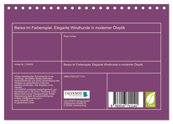 Produktbild: Barsoi im Farbenspiel. Elegante Windhunde in moderner &Ouml;loptik (Tischkalender 2026 DIN A5 quer), CALVENDO Monatskalender