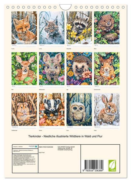 Produktbild: Tierkinder - Niedliche illustrierte Wildtiere in Wald und Flur (Wandkalender 2026 DIN A4 hoch), CALVENDO Monatskalender
