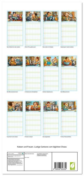 Produktbild: Familienplaner 2026 - Katzen und Frauen. Lustige Cartoons vom t&auml;glichen Chaos mit 5 Spalten (Wandkalender, 21 x 45 cm) CALVENDO
